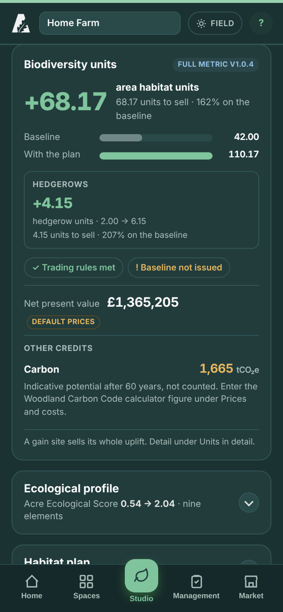 The Acre Network app showing a holding's biodiversity units
